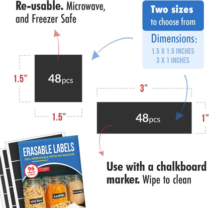 MESS Reusable Chalkboard Labels for Food Containers, 96-Pack (1x3 & 1.5") – Erasable Dry Erase Stickers – Removable Kitchen Labels for Fridge, Freezer & Organizing