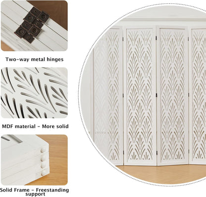 5.6Ft Room Divider Folding Wood Simple Carved Partition Screen for Home Office Garden - 4 Panels (White)