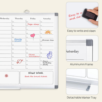 White Board Dry Erase Calendar for Wall, Magnetic Weekly Schedule-Board with Hourly Time Slots for Home, Office,Work, School, Hanging Double-Sided Whiteboard with Marker Tray, 36" × 24"