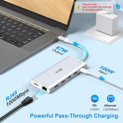 USB C Docking Station Dual Monitor for Dell/Lenovo/HP Laptop Docking Station HDMI USB C Hub Multiport Adapter Dongle Dock USB C to 2 HDMI +DisplayPort+Ethernet+4USB+2USB C+100W PD Charger+SD/TF+Audio
