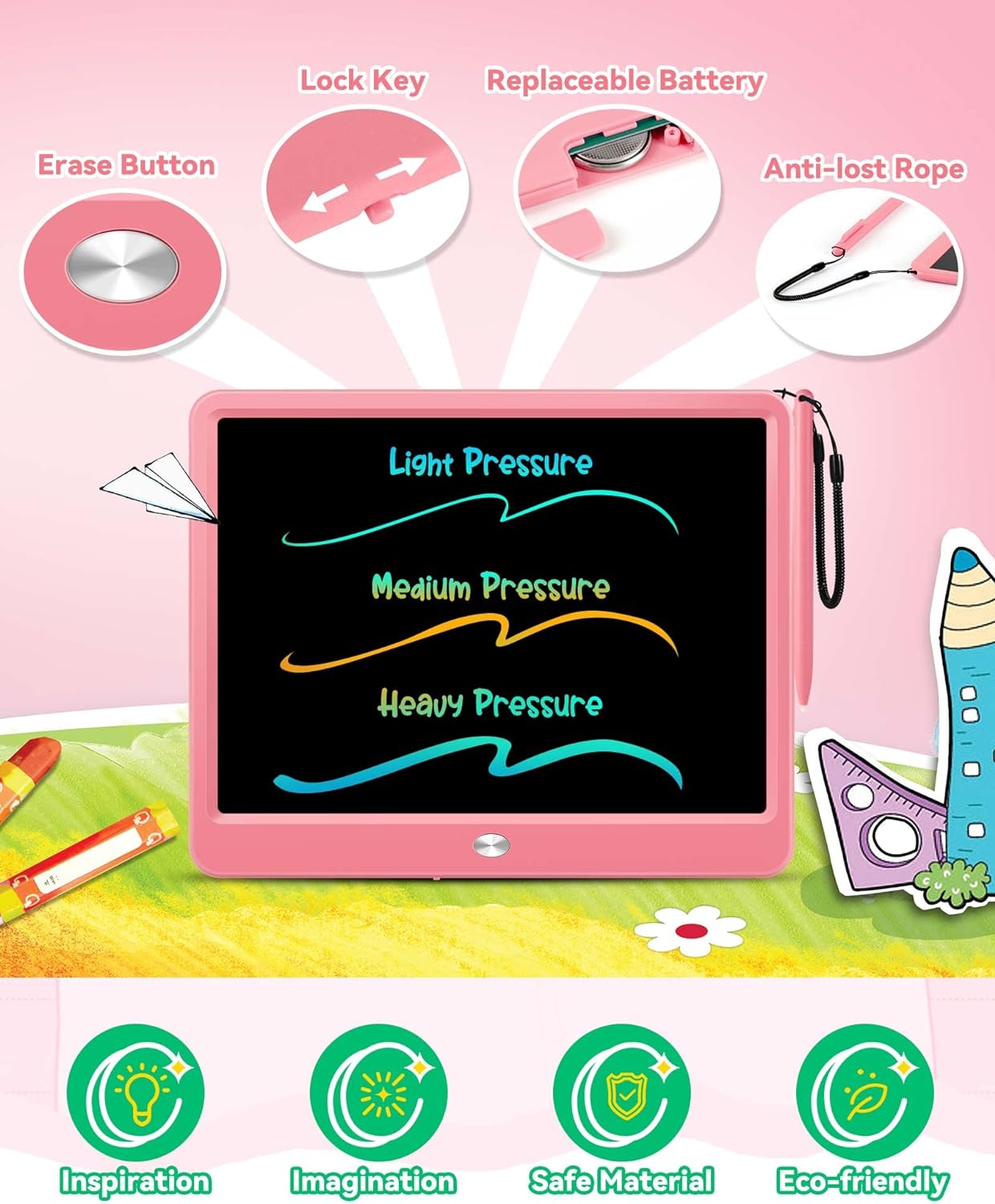 KOKODI 12 Inch LCD Writing Tablet with Anti-Lost Stylus, Erasable Doodle Board Colorful Toddler Drawing Pad, Car Travel School Games Toys for 3 4 5 6 7 8 Kids, Birthday Gift for Girls Boys Adults Pink