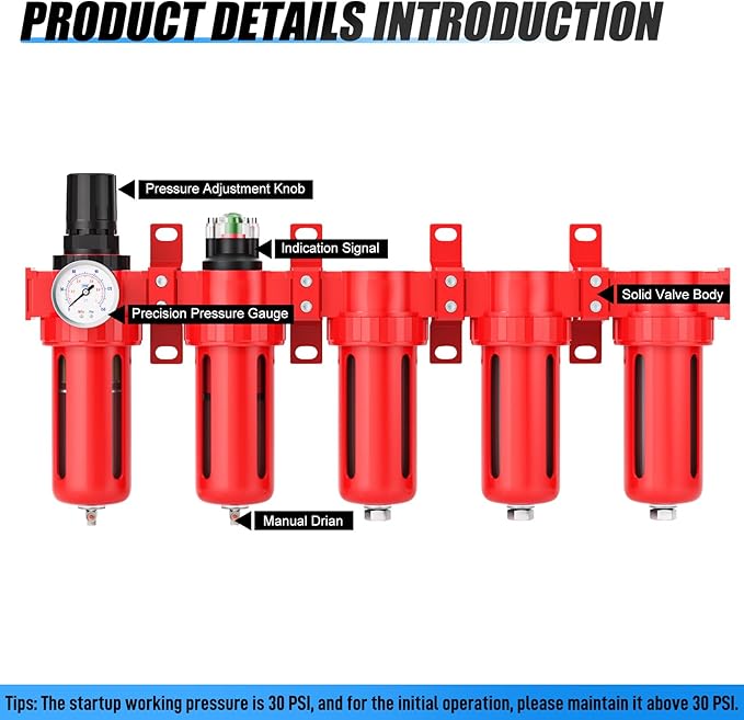 1/2" NPT Industrial Grade 5 Stage Aluminum Air Drying System, Coalescing Filter, Particulate Filter, Triple Desiccant Dryer and Air Regulator, Manual Drain For Plasma Cutter and Paint Spray