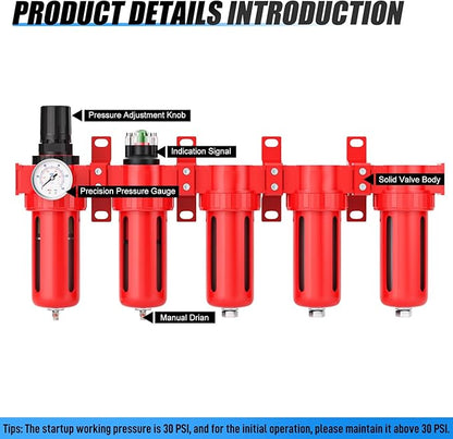 3/8" NPT Industrial Grade 5 Stage Aluminum Air Drying System, Coalescing Filter, Particulate Filter, Triple Desiccant Dryer and Air Regulator, Manual Drain For Plasma Cutter and Paint Spray