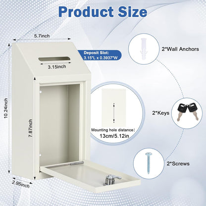 KYODOLED Money Cash Drop Box with Lock, Metal Donation and Suggestion Box with Slot Wall Mounted for Farm or Office, Home, Outdoor, White, 10.24 x 5.7 x 2.95 Inch