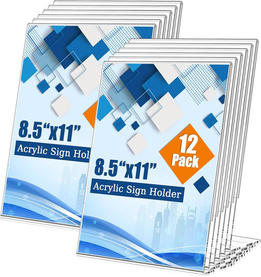 12 Pack 8.5x11 Inch Acrylic Sign Holder Clear Plastic Table Paper Display Stand L-Shape Vertical Menu Holder Stand Picture Photo Flyer Display Stand for Desktop Flyers, Documents, Office, Restaurants