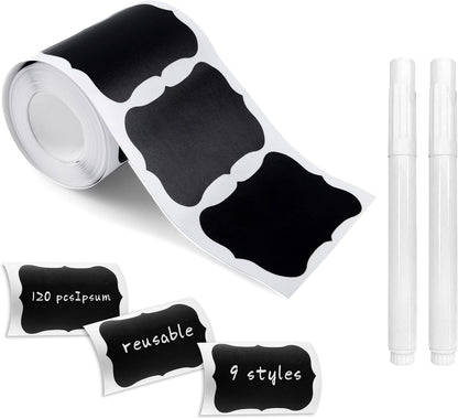 MUWOOB Chalkboard Labels, 120 Pcs Black Reusable Waterproof Label Stickers, Kitchen Pantry Sticker Labels for Containers, Mason Jars, Condiments, Food Storage (Wave)