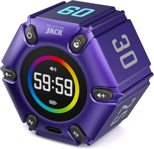 Printers Jack, Productivity Cube Timer, Visual Pomodoro Timer, Mute & Vibration & Adjustable Sound Alert, ADHD, for Office, Study, Work, 3/5/10/25/30/60min & Custom Countdown - Purple
