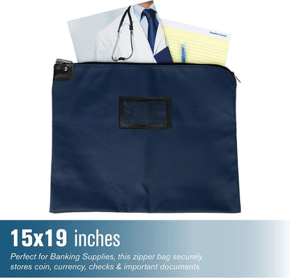 BankSupplies HIPAA Locking Courier Bags | Navy Blue | 19W x 15H | Durable Laminated Nylon Fabric | Metal Pop Up Lock | For Money, Coins, Currency, Checks & Documents