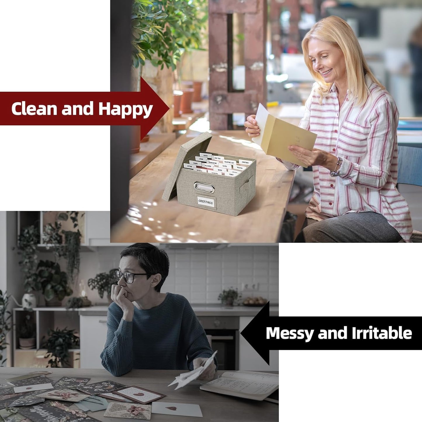 Greeting Card Storage Box, Linen Storage Box with 32 Adjustable Dividers, 168 Labels, 2 Marker Pen, Perfect for Organizing Greeting Cards, Envelopes, Photos 2 Pack Beige