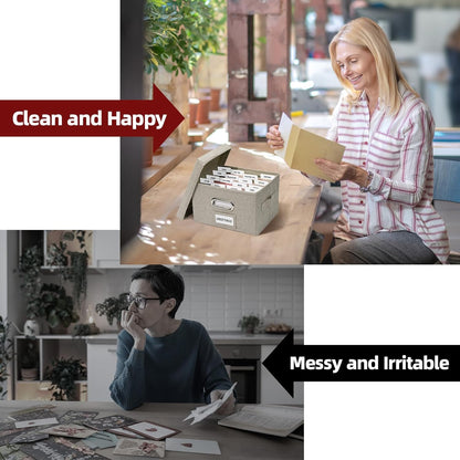Greeting Card Storage Box, Linen Storage Box with 16 Adjustable Dividers, 84 Labels, 1 Marker Pen, Perfect for Organizing Greeting Cards, Envelopes, Photos 1 Pack Beige