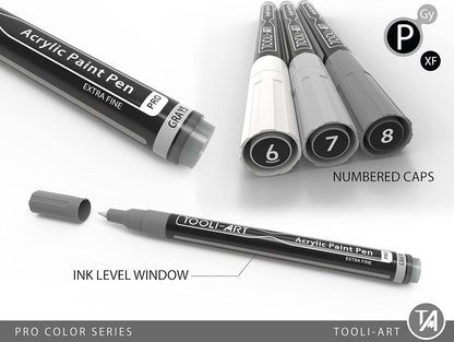 Acrylic Paint Pens 22 Gray Tones Assorted Pro Color Series Markers Set 0.7mm Extra Fine Tip for Rock Painting, Glass, Mugs, Wood, Metal, Canvas, Projects, Non Toxic, Waterbased, Quick Drying