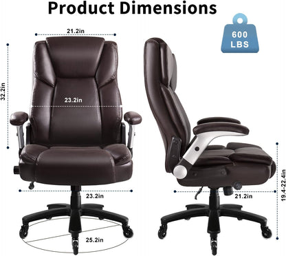 Big and Tall Office Chair 600lbs, Heavy Duty Executive Office Chair for Heavy People, Brown High Back Office Leather Ergonomic Chair with Adjustable Armrests and Lumbar Support for Computer Desk Chair