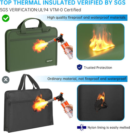 ENGPOW Accordion File Organizer,Fireproof Expanding File Folder with Multi Pockets,13 Pockets Document Organizer with Handle & Labels,Portable Home Travel Safe Storage for Letter A4 Files,Green