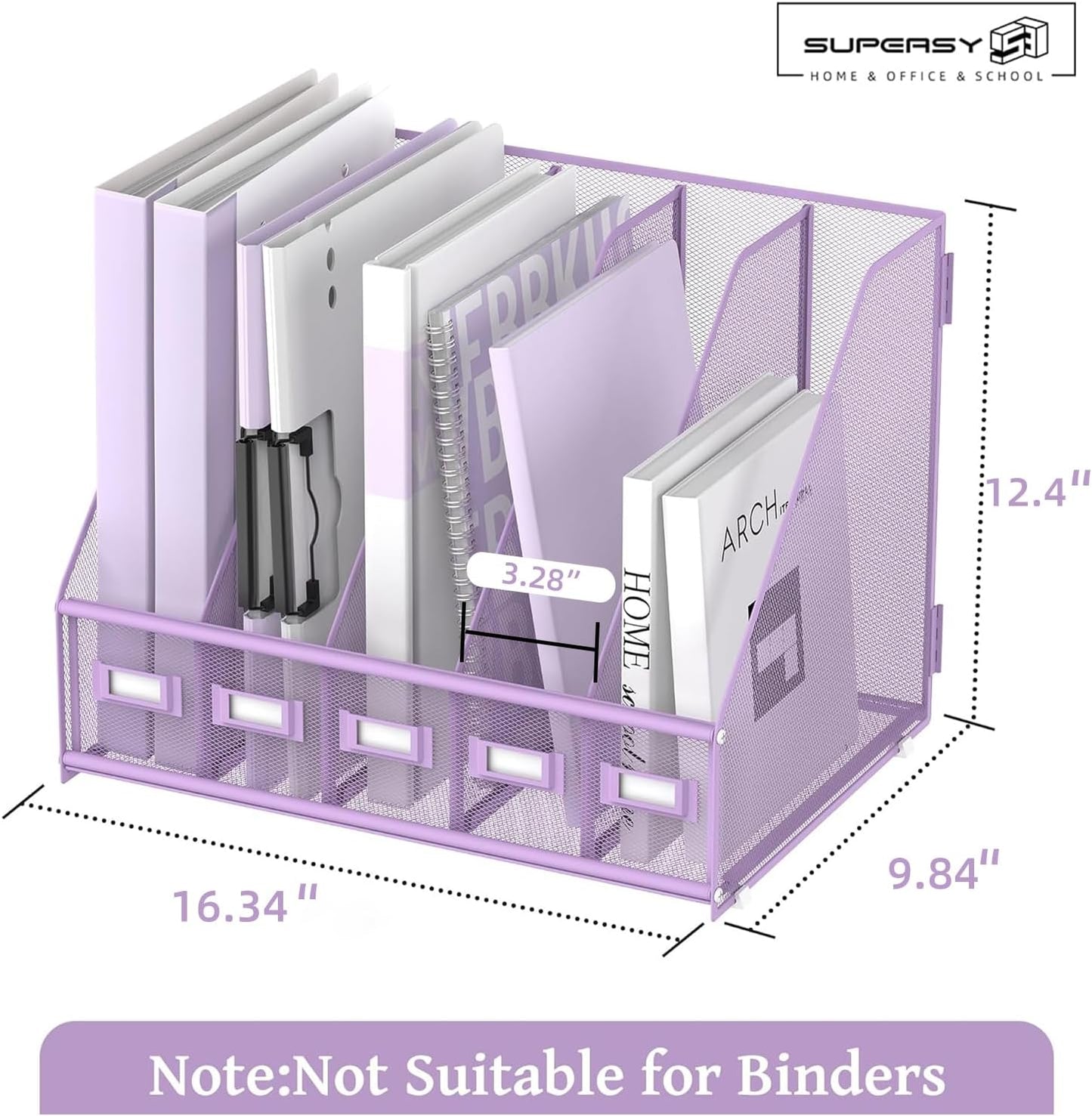 SUPEASY Desk Organizers Metal Desk Magazine File Holder with 5 Vertical Compartments Rack File Organizer for Office Desktop, Home Workspace, Purple