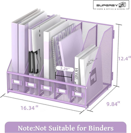 SUPEASY Desk Organizers Metal Desk Magazine File Holder with 5 Vertical Compartments Rack File Organizer for Office Desktop, Home Workspace, Purple