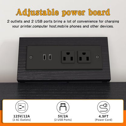 Large Printer Stand with Power Outlet, with Height Adjustable Storage Shelf, 3 Tier Rolling Printer Cart with Industrial Wheels, 23.6 x 23.6 Inches Printer Table for Home Office,Black