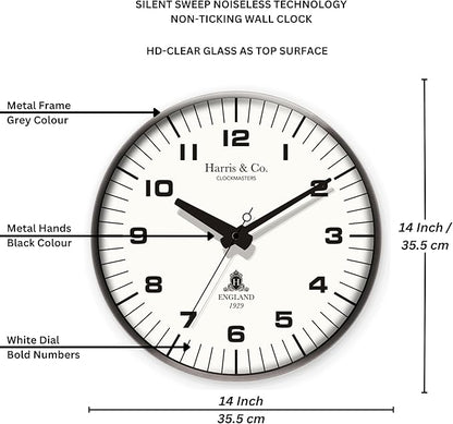 HARRIS & CO. CLOCKMASTERS ( 14 inch Premium Luxury Metal Wall Clock with Glass and Silent Sweep Noiseless Technology, Gun Gray Metal Frame Model Name - Park Lane