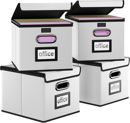 Huolewa Portable Leather File Organizer Boxes with Lids, Office Document Boxes Organizer, Filing Boxes, Decorative Small File Boxes for Hanging Files, File Cabinet for Office/Home - 4 Pack