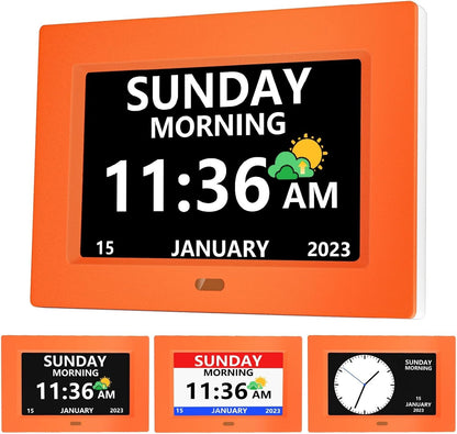 7 Inch Digital Clock with Day and Date for Elderly Alzheimer's Clock Customizable Alarms 3 Display Modes Large Font Alarm Clock for Seniors Auto DST Orange
