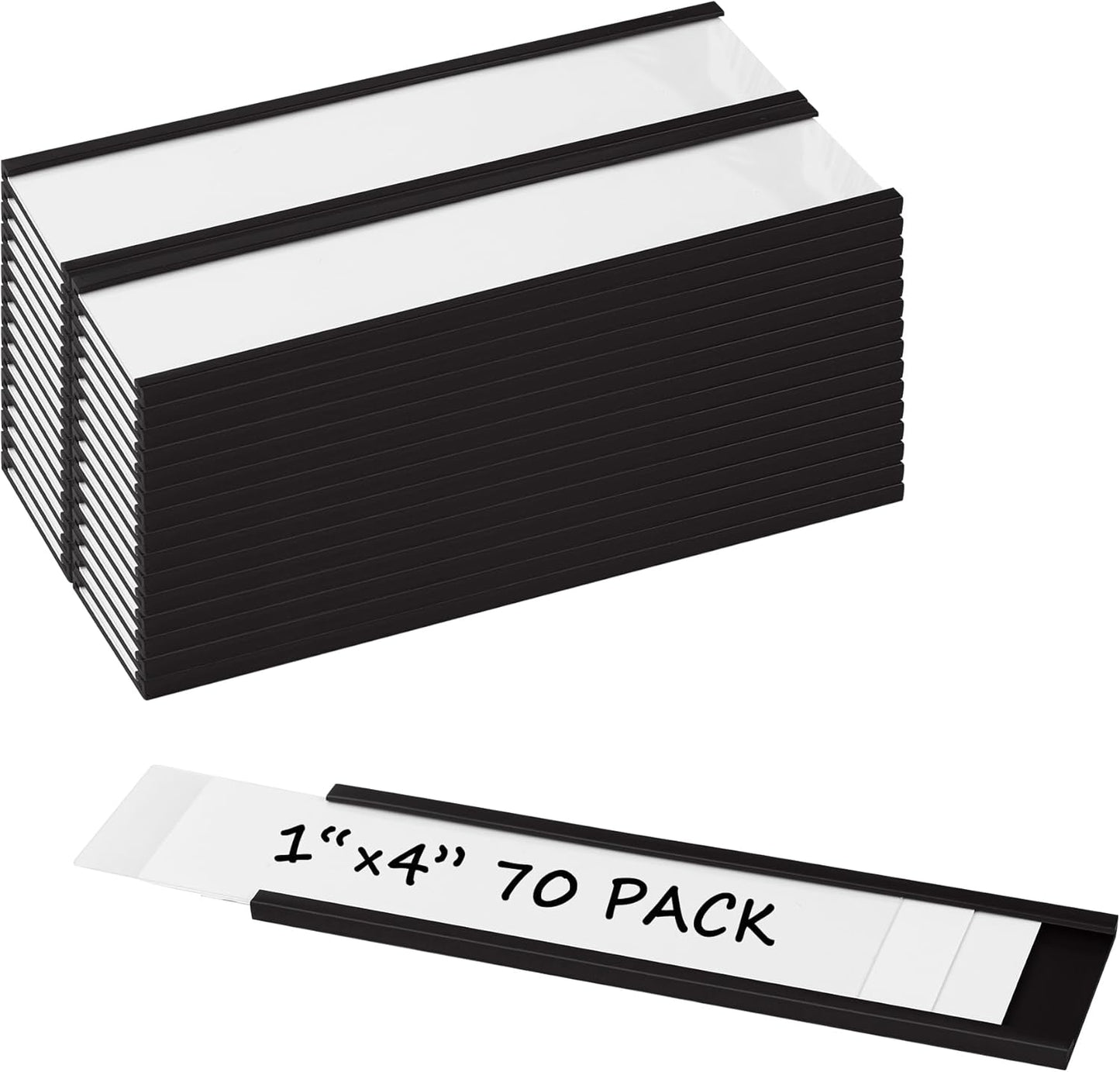 Realth C Channel Magnetic Label Holders 70 Pack 1'' x 4'' with Paper Inserts and Clear Plastic Protectors, Magnetic Data Card Holders File Cabinet Labels for Metal Racks and Shelves