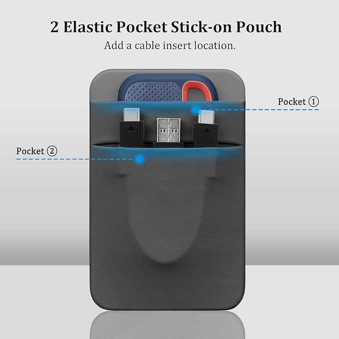 Lacdo Portable Hard Drive Sleeve for Laptop, 2-Pocket Stick on Pouch with Reusable Adhesive, for SanDisk, Samsung, Crucial, Portable External Solid State Drive SSD Hard Drive Carrying Case, Dark Gray