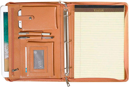 Professional Leather Business Padfolio Portfolio Case, 3 Ring Binder,Zippered Business Document Organizer Tablet Holder Folder Case,with Letter Size Notepad (Brown)
