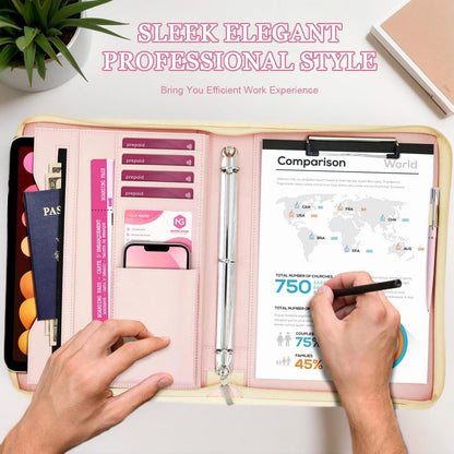 Faux Leather Portfolio Binder with Handle & Clipboard, Zippered Padfolio Folder Organizer 3 Ring Binder for Document, Business Card Holder, Professional Portfolio Notebook for Men & Women (Rose Gold)