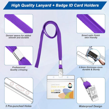 100Pcs Lanyards for ID Badges and 100 Pcs Clear Plastic Horizontal Name Badge ID Card Holders, Flat Neck Lanyards with Clip Waterproof Resealable Name Tag Badge ID Card Holders (Purple)
