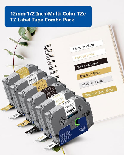 6-Pack Compatible TZe Label Tape 12mm 0.47 Inch Laminated Multi-Color TZ TZe-231 234 335 831 931 MQ835 TZe231 for PT-H110 D200 D210 D220 Label Maker, White/Gold/Sliver/Black