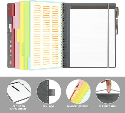 Clipboard with Storage for Men Women, Leather Padfolio Portfolio Organizer 5 Folders with 10 Pockets, Spiral Clipboard Folio with Notepad for Letter Size, Elastic Closure and Pen Loop Grey