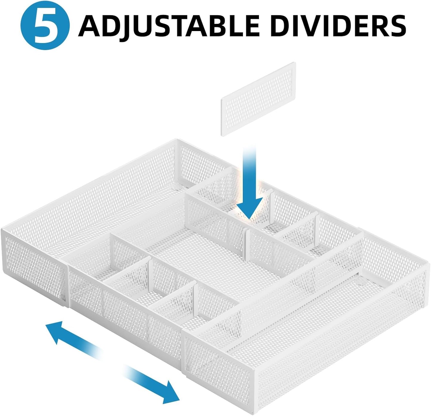 Marbrasse Expandable Desk Drawer Organizer, Mesh Drawer Organizer Tray with 10 Adjustable Compartments, Desk Organizers and Accessories for Office Supplies, Makeup & Vanity (Expandable White-2 pack)