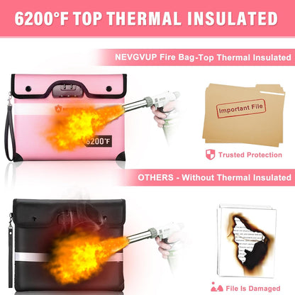 Upgraded 6200°F Fireproof Money Bag with Lock, Fireproof Bag w. Zipper/Reflective Strip, 9 Layers of Heat Insulated Material, Water Resistant Fire Proof Money Bag for Cash, Fire Bag for A5 documents