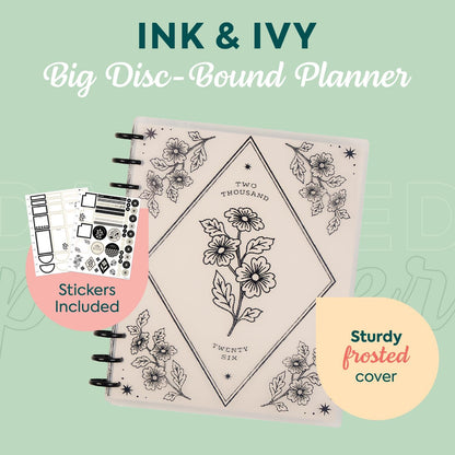 Happy Planner Disc-Bound Planner Jan.–Dec. 2026, Includes 3 Extra Months and 2 Sticker Sheets, Big Size, 8.5" x 11", Dashboard Layout, Ink & Ivy