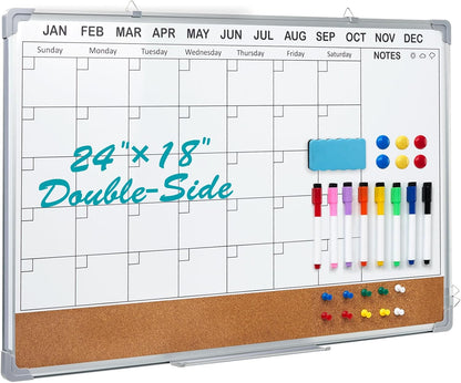 Calendar Whiteboard for Wall,24" x 18" White Board Calendar Dry Erase with Silver Aluminum Frame,Double Side Wall Hanging Board for Office,Home,Kitchen