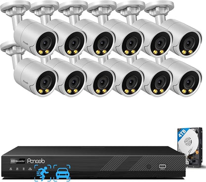 16 Channel Security Camera System PoE,4K 16CH NVR with 4TB HDD,12X 8MP Wired Outdoor Home Surveillance IP PoE Cameras,Built-in microphone,Human Vehicle Detection,Color Night Vision,PB38F1216-8M
