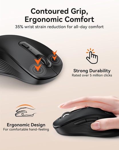 TECKNET Bluetooth Mouse, [ USB + BT1 + BT2 ] Wireless Mouse for Laptop, Silent Click, Full-Size, 4800 DPI Computer Mice Wireless, Dual Mode for Laptop, Computer, iPad, MacBook