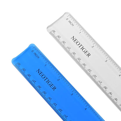 Flexible Shatterproof Bendable Unbreakable Safe Soft Transparent Clear Plastic Straight Flat Ruler, 30 cm/12 inch. Set of 2, Clear and Blue, for Home, School, Office, for Kids and Adults