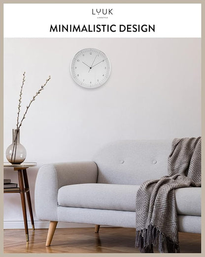 LUUK LIFESTYLE Modern Wall Clock Without Ticking, Pure Minimalist Design, legible Digits, Home Decor for Living Room, Office, in White and Silver
