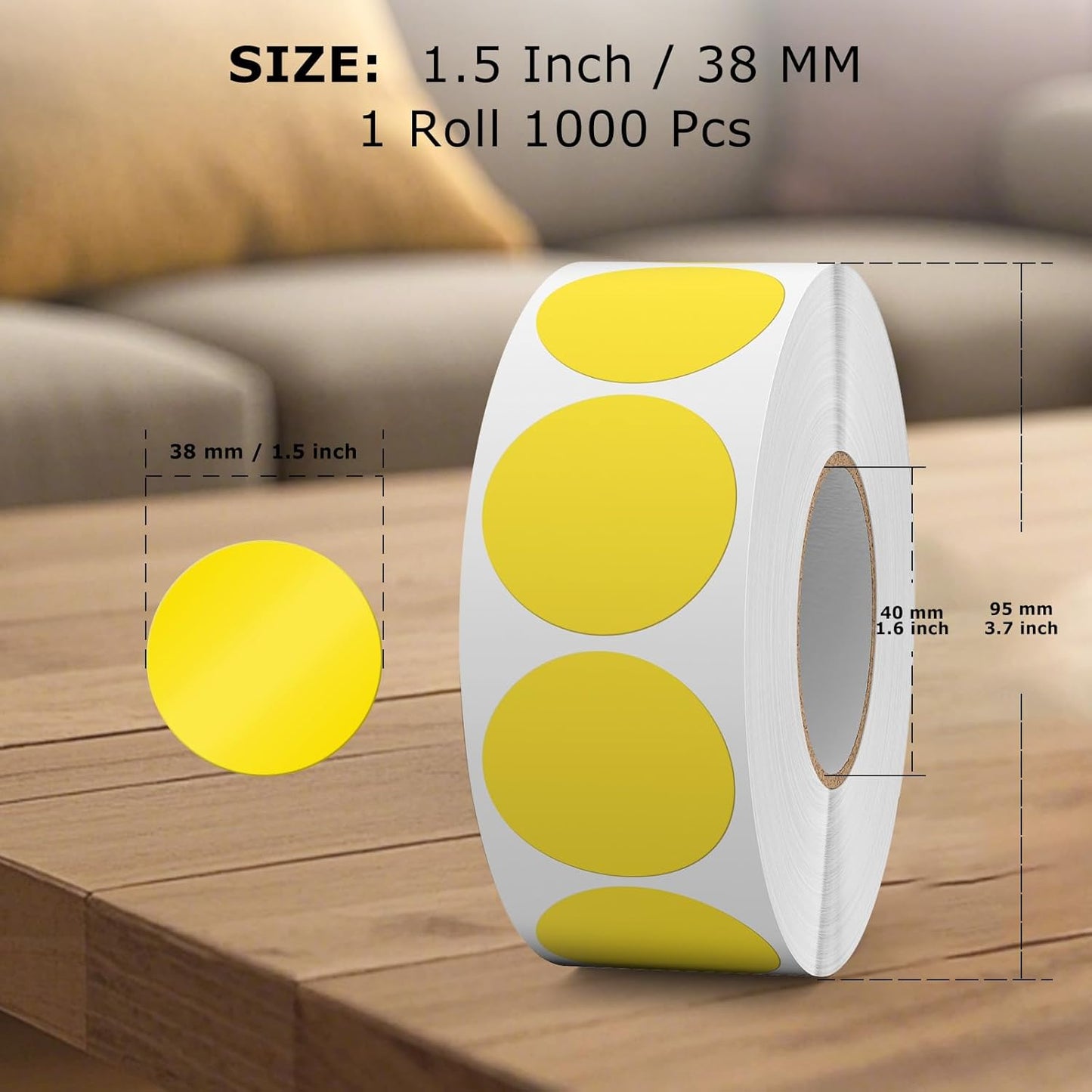 1000 PCS Yellow Dots Stickers 1.5 Inch Vinyl Color Coding Round Sticker Removable Writable Circle Labels Roll for Inventory Office Classroom