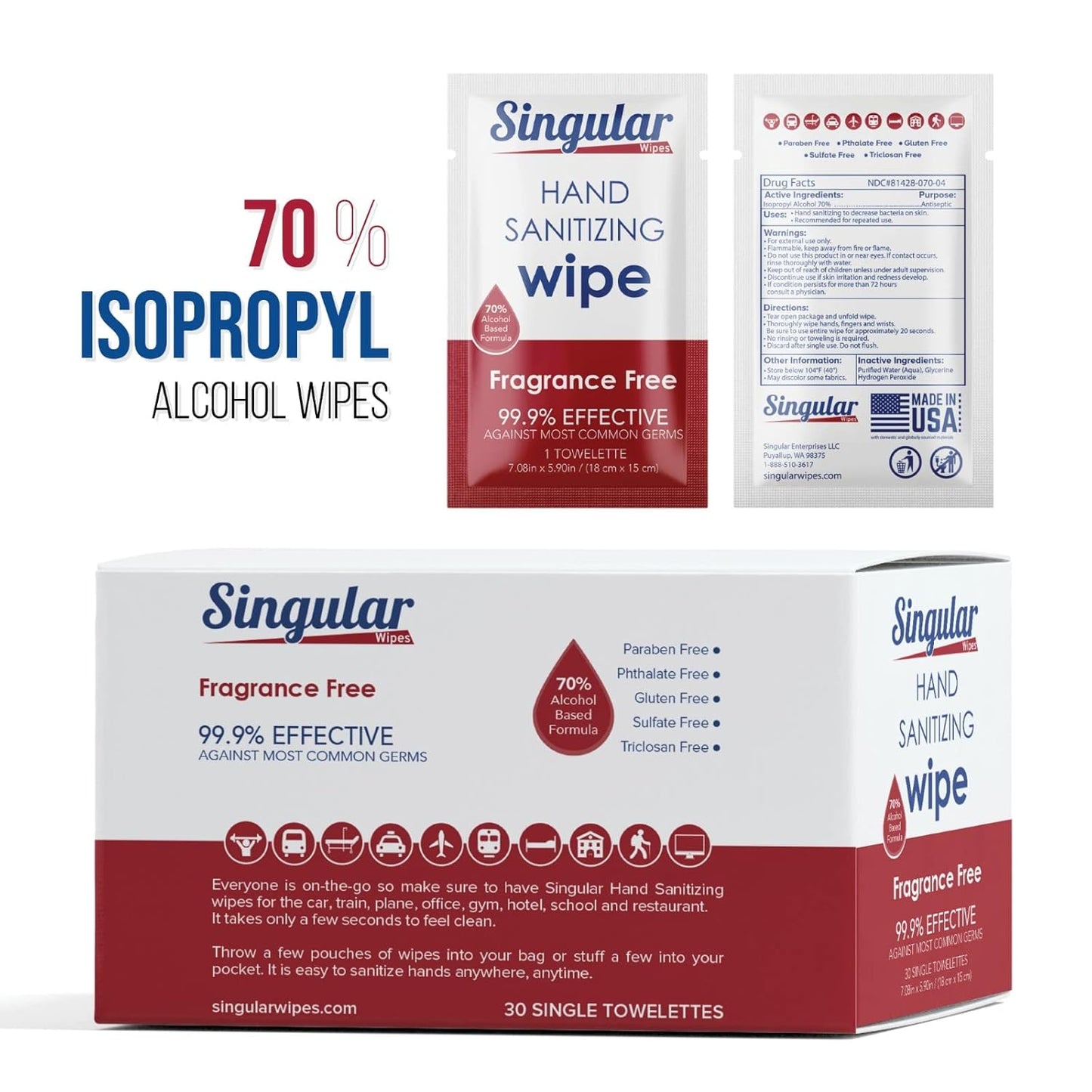 Hand Sanitizing Wipes Travel Size by Singular Wipes –30ct Individually Wrapped | Fragrance-Free, Moisturizing, 70% Isopropyl Alcohol Wipes | Travel, Home, Office, Daily Use | Made in USA