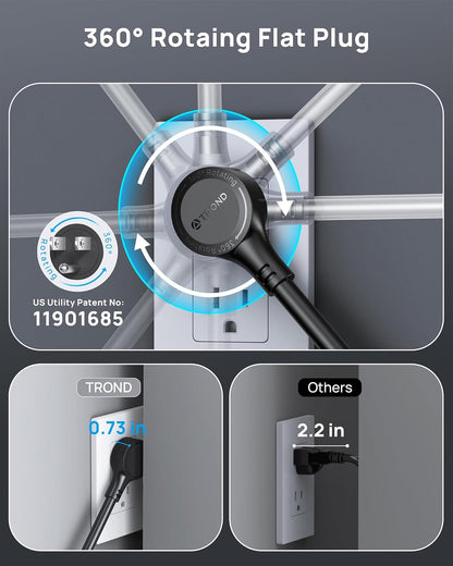 TROND 360° Rotating Flat Plug, Surge Protector Power Strip, 13AC Widely Spaced Outlets Expansion with 3 USB C Ports, 4000J, 5ft Extension Cord Heavy Duty, Wall Mount, Under Desk, ETL Listed, Black