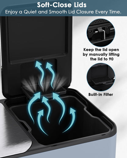 Arlopu 16Gal Dual Trash Can w/2 Built-in Box for Odor Control, Hands-Free Kitchen Garbage Bin, Recycle Waste Dustbin, Soft-Close Lid, 2 Buckets,Foot Pedal, Side Handle, Airtight,for Home Office