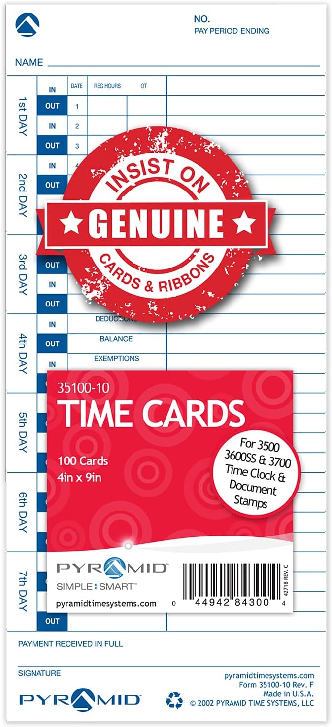 Pyramid Time Systems - 30% Recycled Time Cards (35100-10PK5) for Pyramid Models 3500, 3500ss, 3600SS, and 3700 Time Clock and Document Stamp, Single Sided Time Sheets (4 X 9 in) - 500 Time Cards