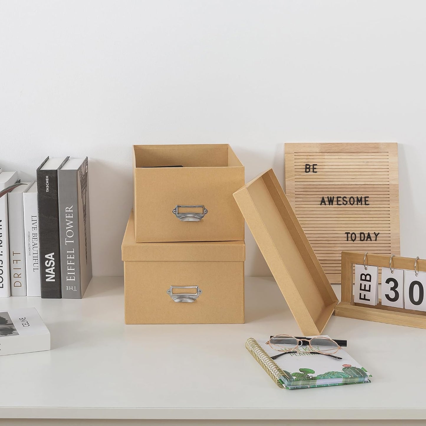 Soul & Lane Kraft Decorative Cardboard Storage Boxes with Lids, Set of 2 Stacking Keepsake Photo and Memory Boxes for Home & Office, Elegant Paperboard Organizers with Label Holders and Drawer Pulls