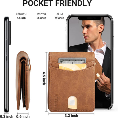 VATAN Wallet for Men, Mens Minimalist Wallet Credit Card Holder, Slim Leather Rfid 2 ID Window Large Capacity With Gift Box (Crazy Horse Brown)