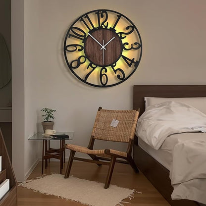 LEIKE Large LED Wall Clocks,Silent,Non Ticking,Battery Operated Rustic Round Modern Big Wood Wall Clock for Living Room, Bedroom,Kitchen,Farmhouse,Office,Home Decor -20" Black,LED,Arabic Number