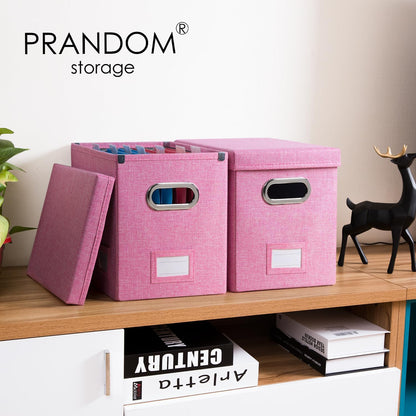 PRANDOM File Organizer Box - Set of 4 Collapsible Decorative Linen Filing Storage Hanging File Folders with Lids Office Cabinet Letter Size Pink (14x9.3x10.8 inch)