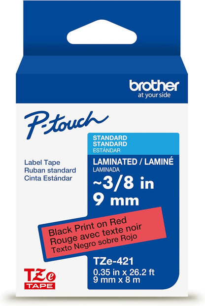 Brother Genuine P-Touch TZe Black Print on Red Label Tape (TZe421), Laminated,3/8in x 26.2ft (9mm x 8m), for Select P-Touch Label Makers, Durable, Water-Resistant, Indoor/Outdoor Use