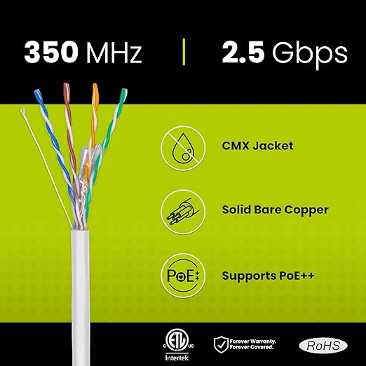 trueCABLE Cat5e Outdoor, Unshielded UTP, 1000ft, UV Resistant, CMX Rated, White, 24AWG Solid Bare Copper, 350MHz, PoE++ (4PPoE), ETL Listed, Bulk Ethernet Cable