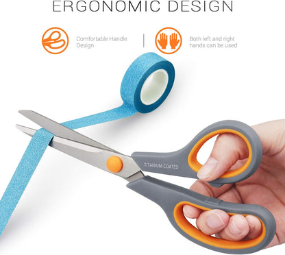 Scissors 8" Multipurpose Titanium Coated Sturdy Sharp Scissors Right/Left Handed Comfort-Grip Handles for Office Home School Sewing Fabric Craft Supplies Gray